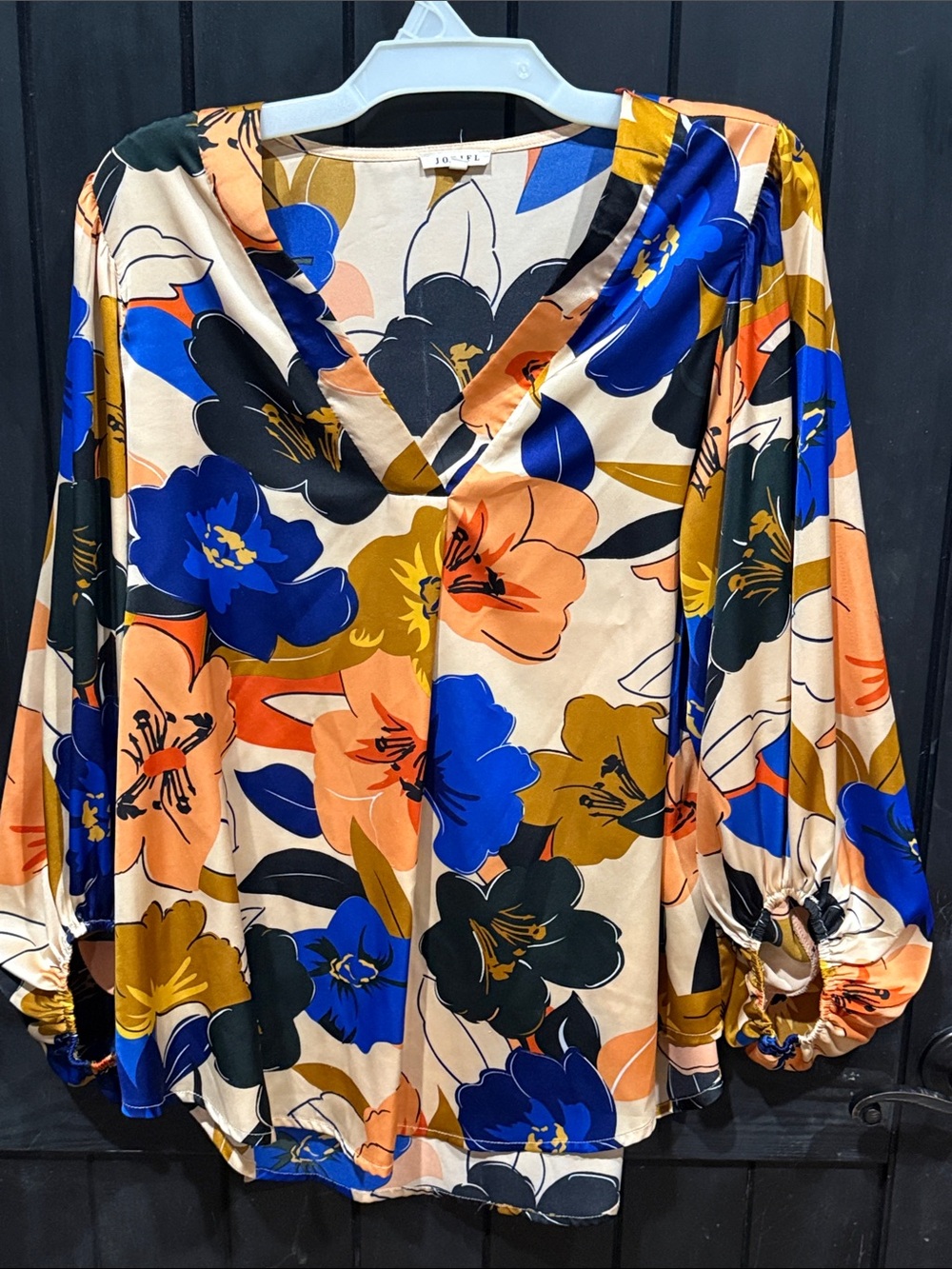 JODIFL Floral V-Neck Satin Blouse in Blue, Peach, Black, Gold, Cream